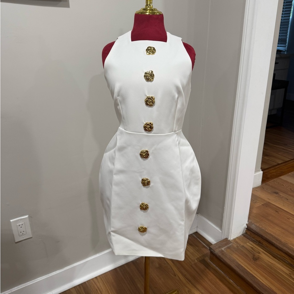 White Chic Dress with Gold Buttons